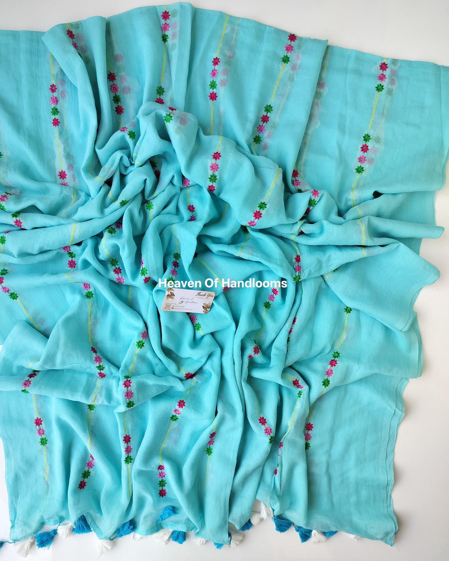 Embroidery Saree - Skyblue with Dobby Line