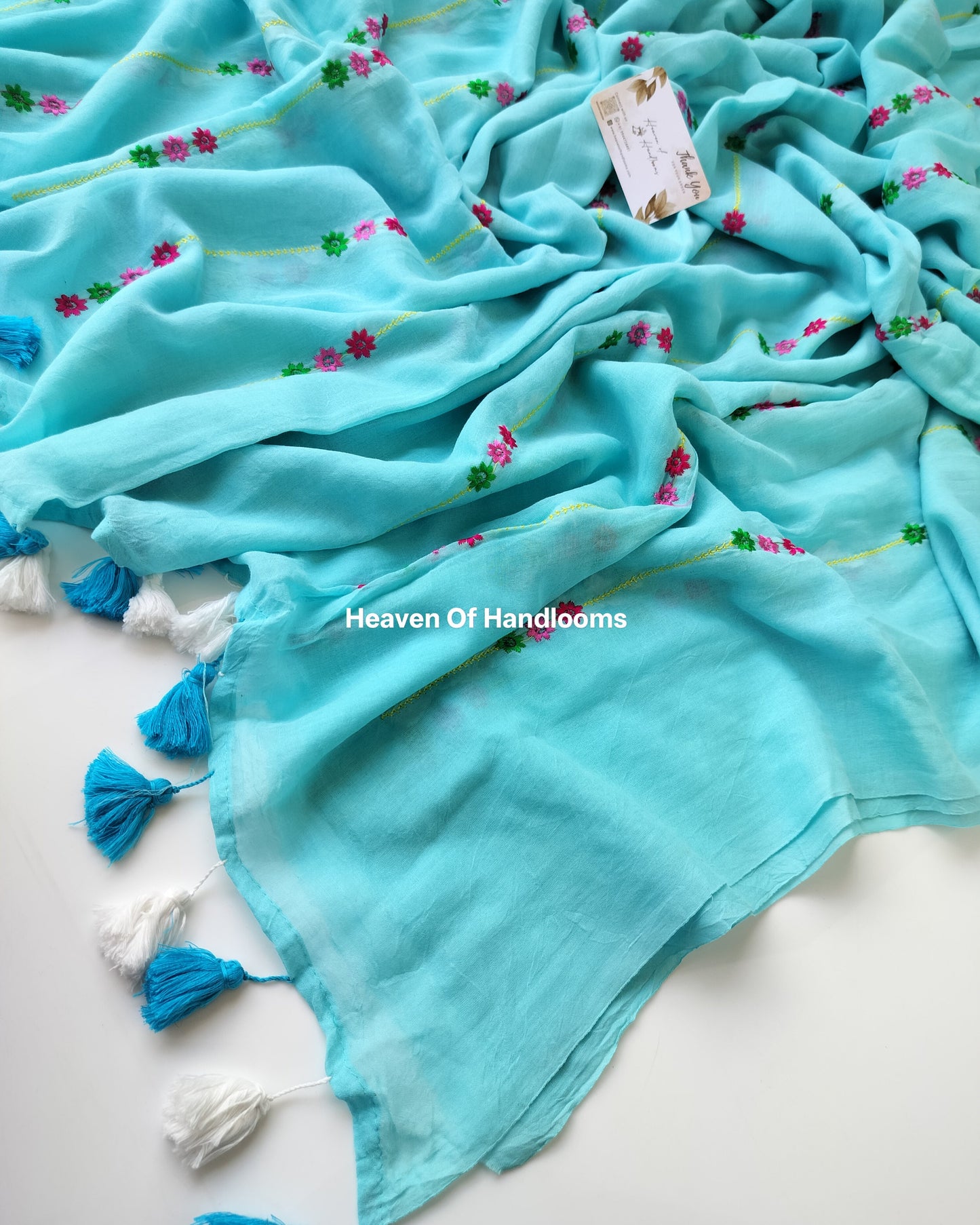 Embroidery Saree - Skyblue with Dobby Line