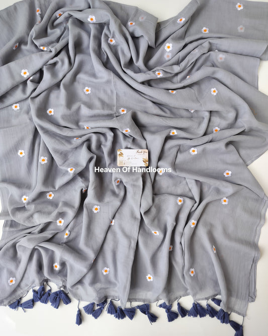 Embroidery Saree - Grey Blossom