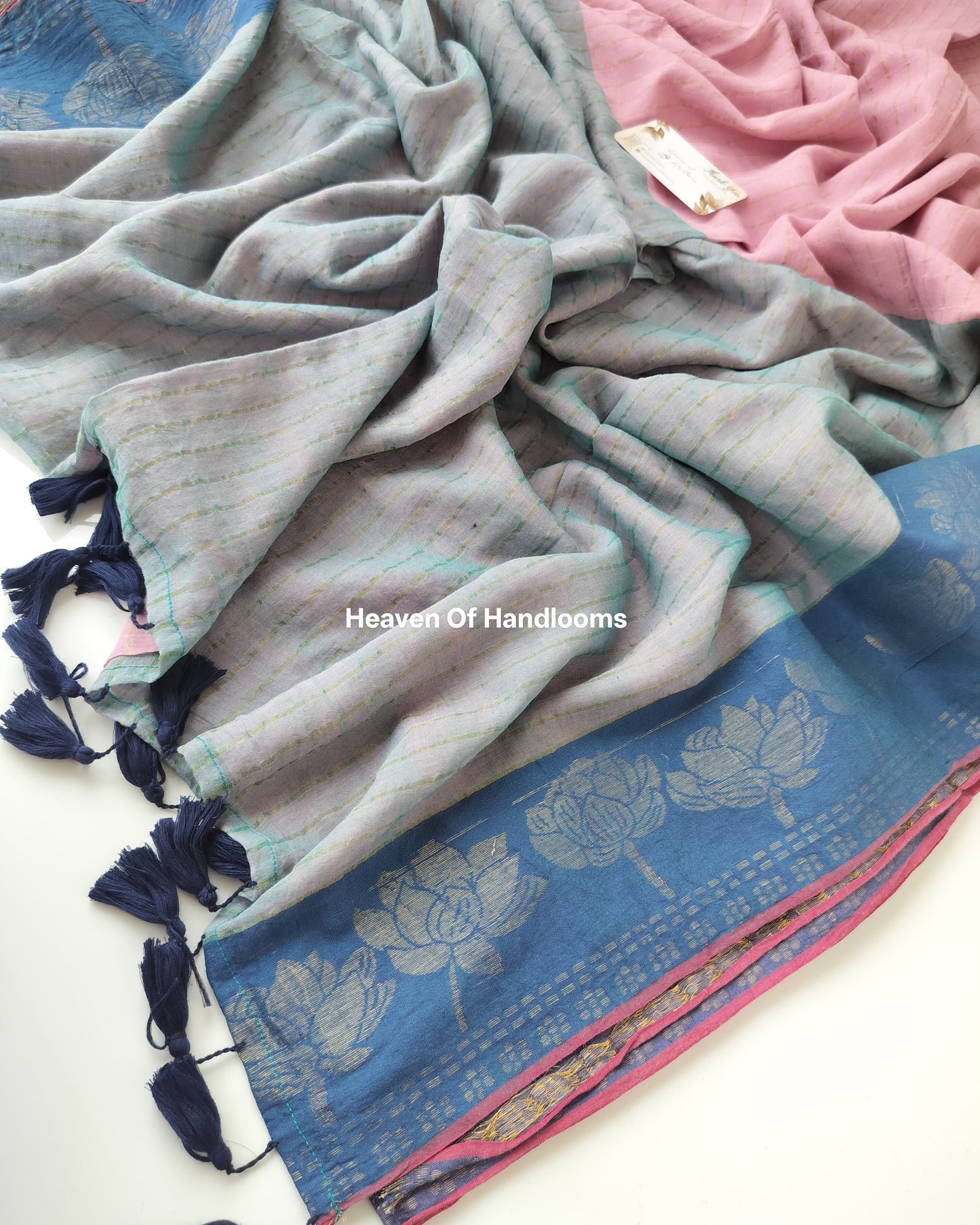 Festive Saree - Grey Pink with Lotus Border