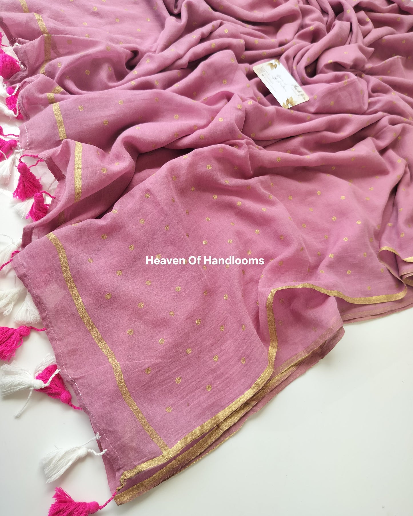 Printed Saree - Muted Pink with Golden Polka Dot