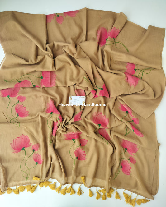 Hand Painted Saree - Lotus Little Brown