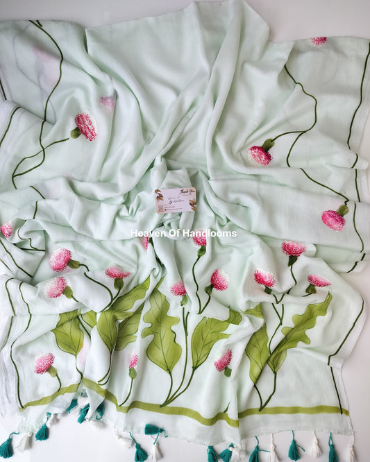 Hand Painted Saree - Olive Green Thistle