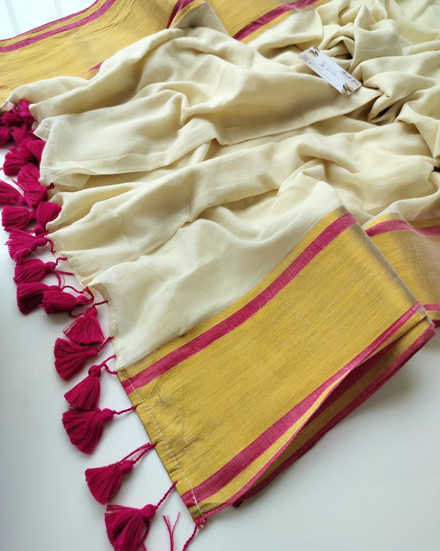 Onam-Vishu Saree - Beige with Red Thin Border