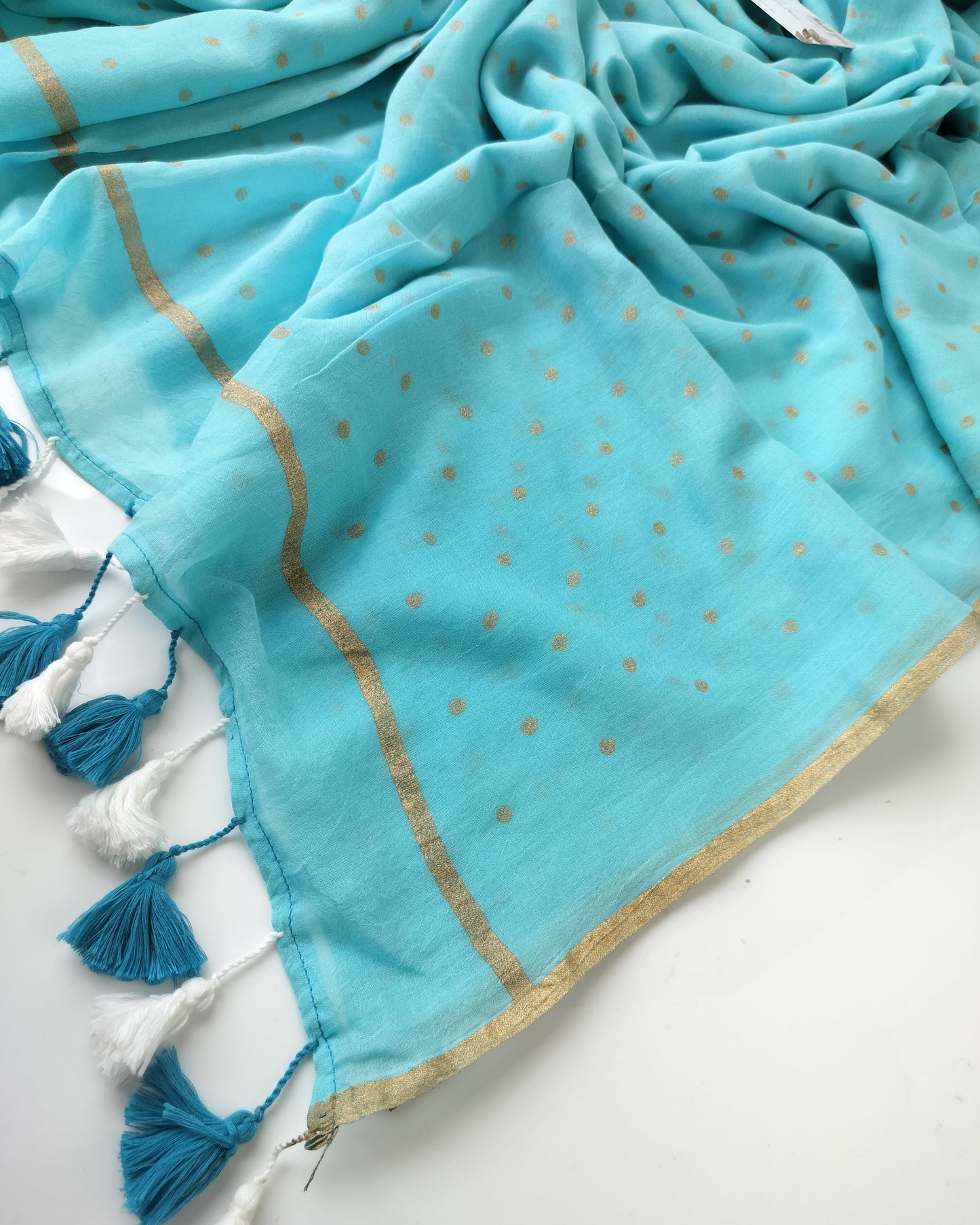 Printed Saree - Sky Blue Golden Polka Dot