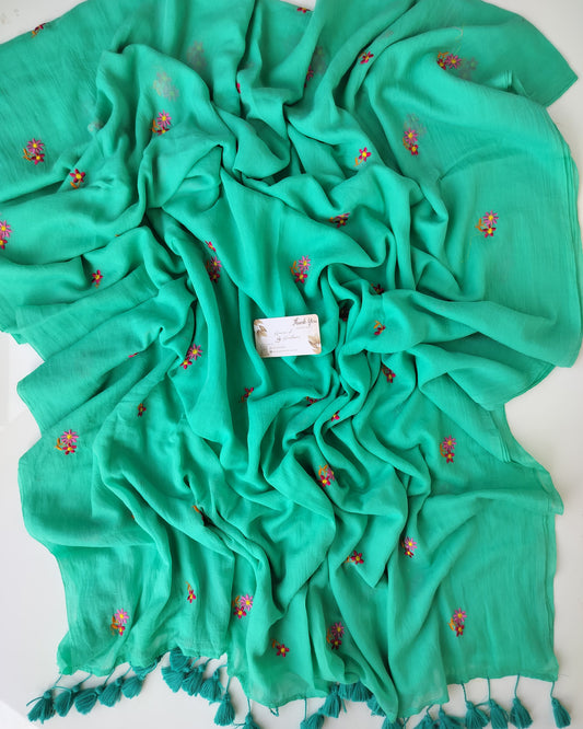 Embroidery Saree - Sea Green Tiny Poo