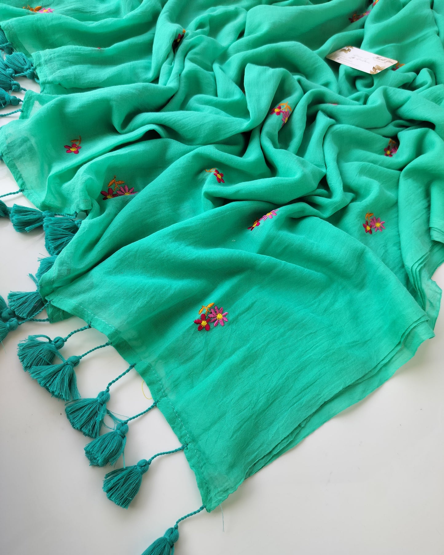 Embroidery Saree - Sea Green Tiny Poo
