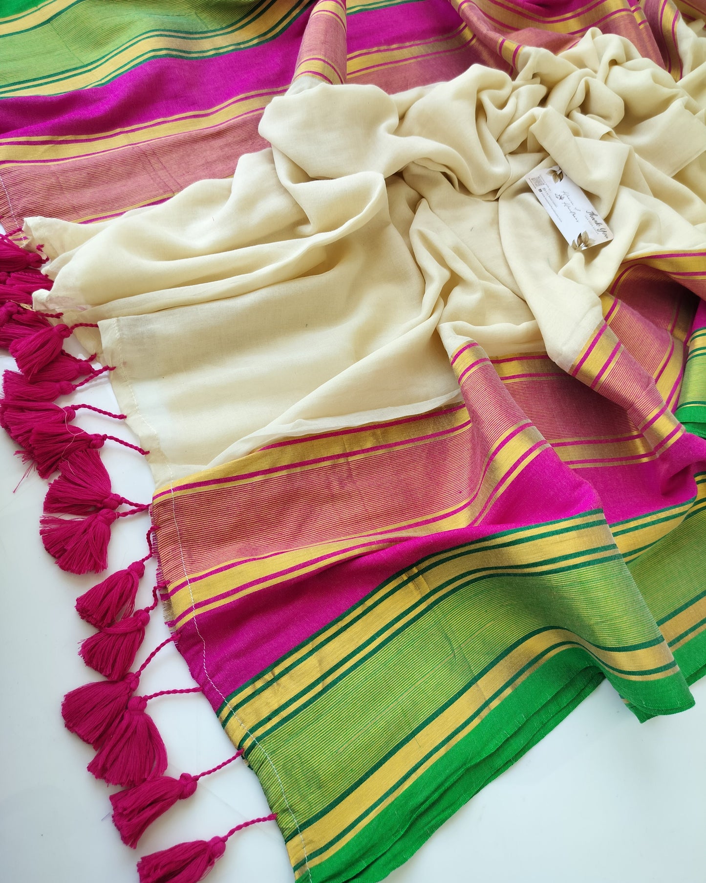 Onam-Vishu Saree - Cream Green Pink