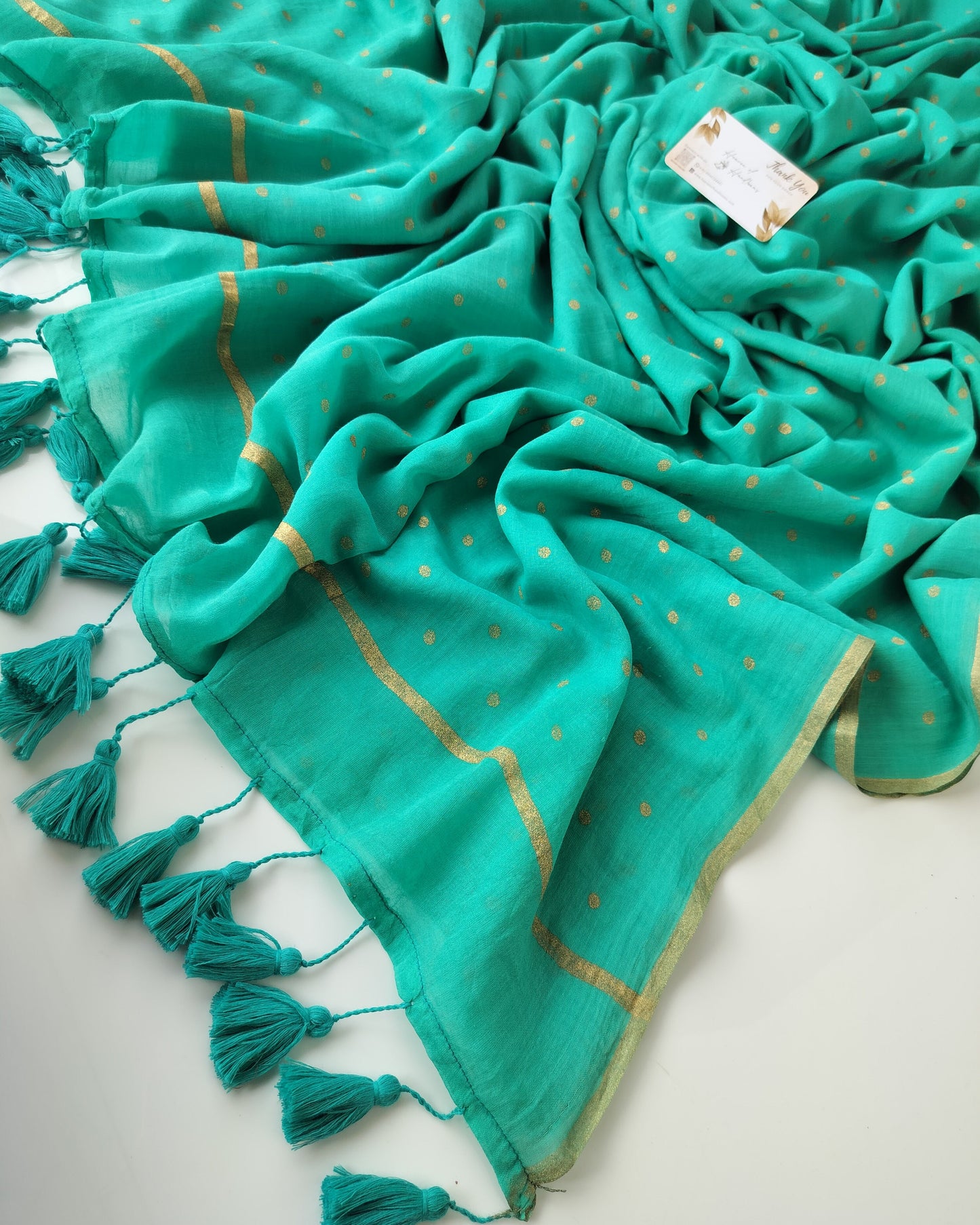 Printed Saree - Sea Green with Golden Polka Dot