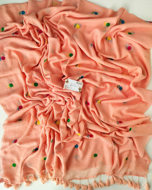 Embroidery Saree - Peach Small Flower