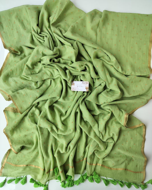 Printed Saree - Pista Green with Golden Polka Dot
