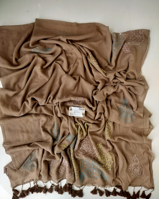 Festive Saree - Flower Kantha Stitch Brown