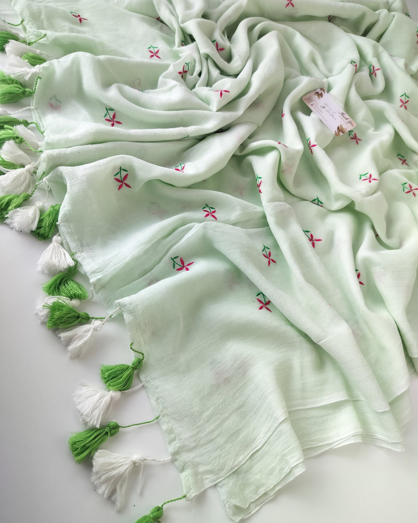 Embroidery Saree - Mint Tiny Flower