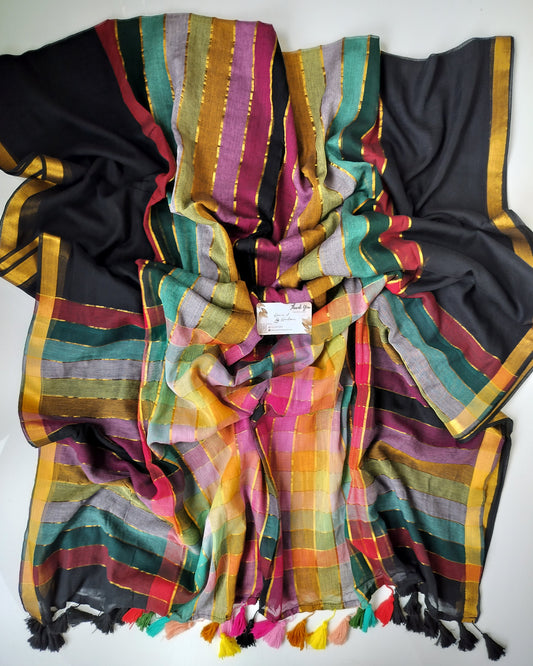 Festive Saree - Black Rainbow Shaded Stripe