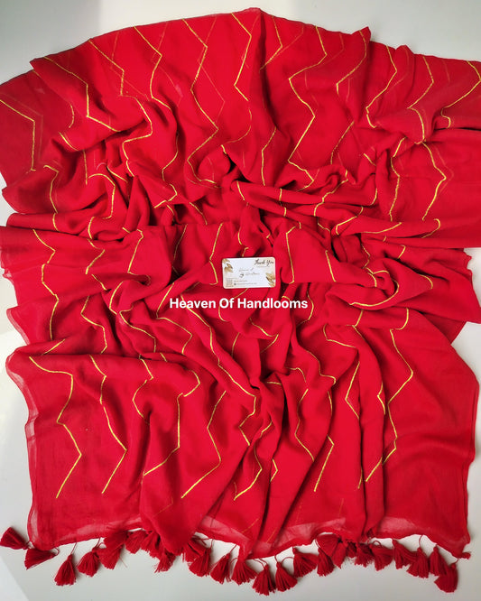 Embroidery Saree - Red Zigzag