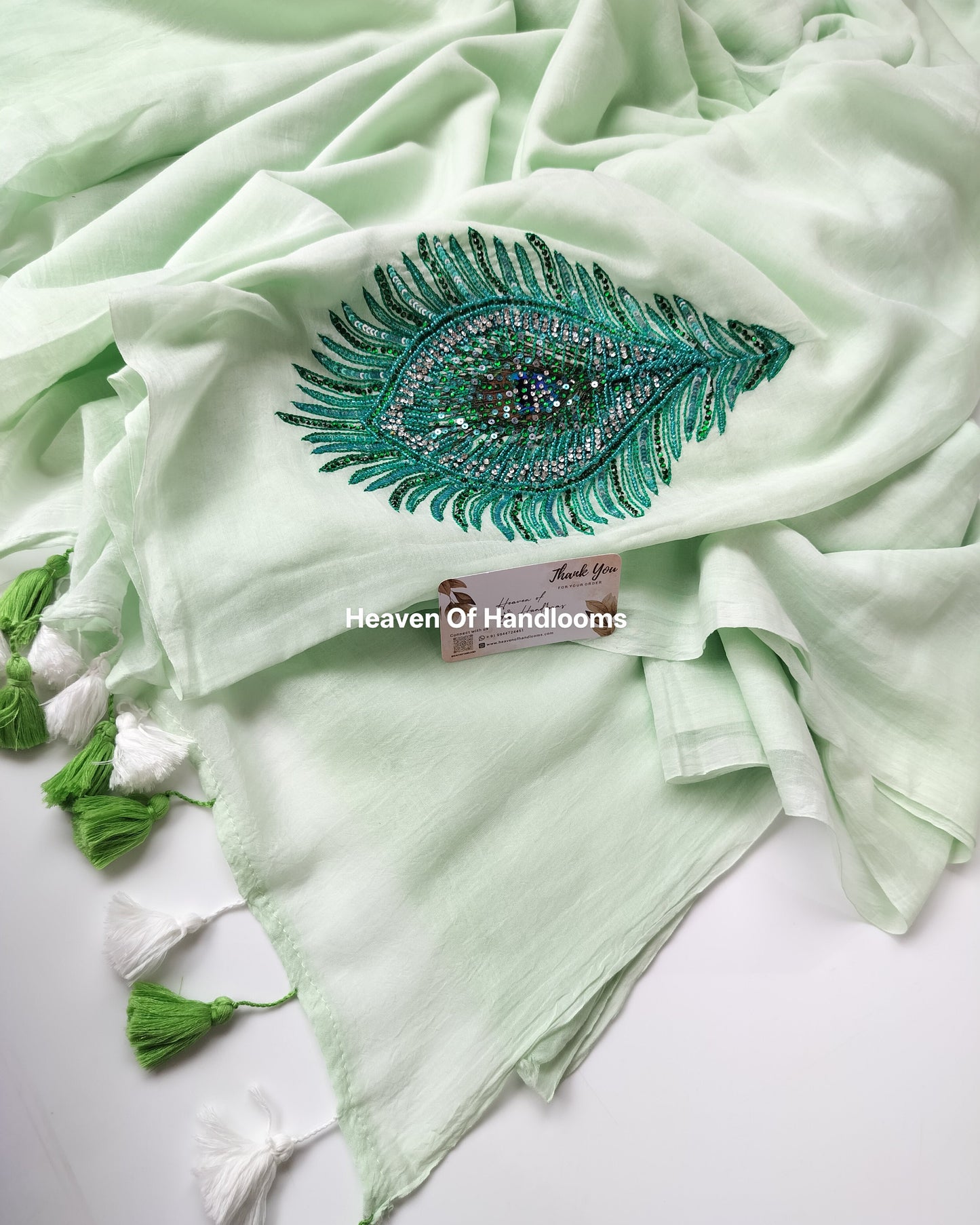 Premium Hand Stitch - Mint Real Peacock Feather