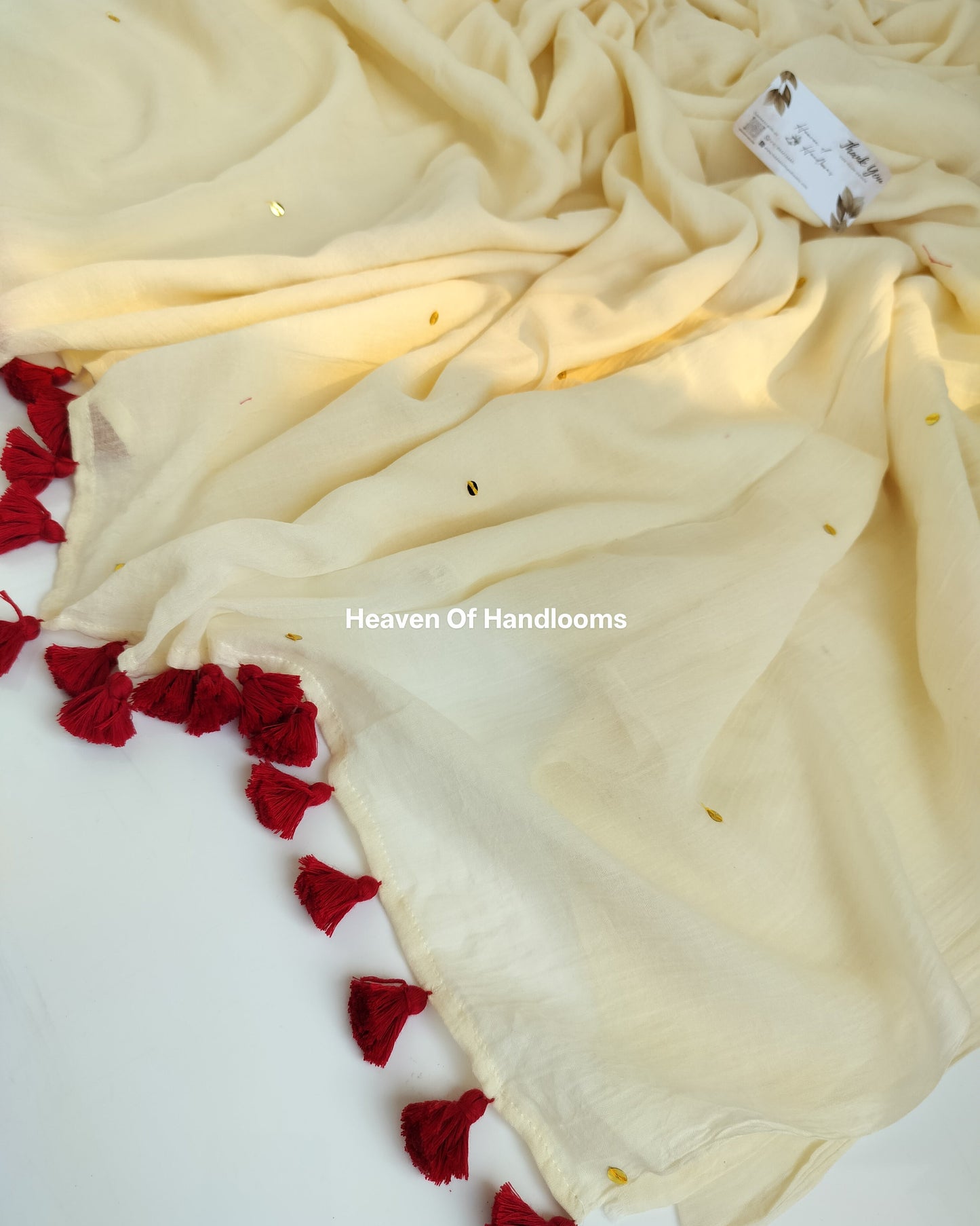 Festive Saree - Cream Gini Maroon Tassels