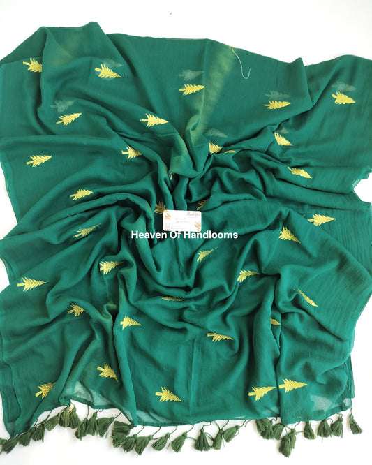 Embroidery Saree - Green Christmas Tree