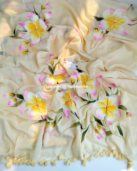 Hand Painted Saree - Cream Poo