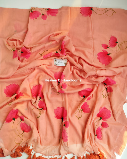 Hand Painted Saree - Peach Lotus
