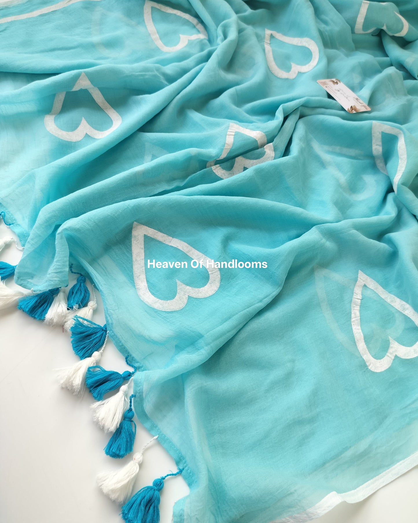 Hand Painted Saree - Sky White Heart