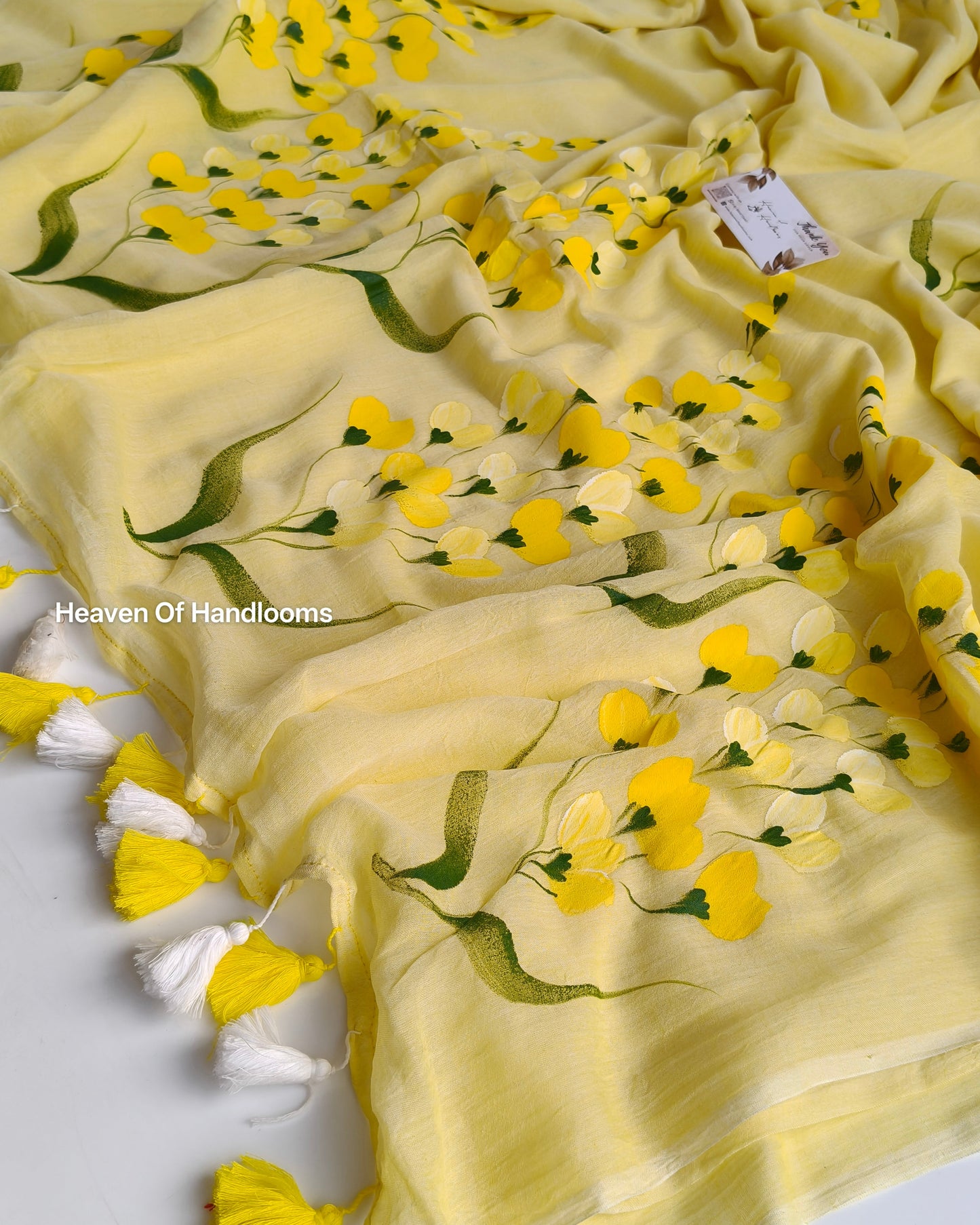 Hand Painted Saree - Pastel Yellow Bunch