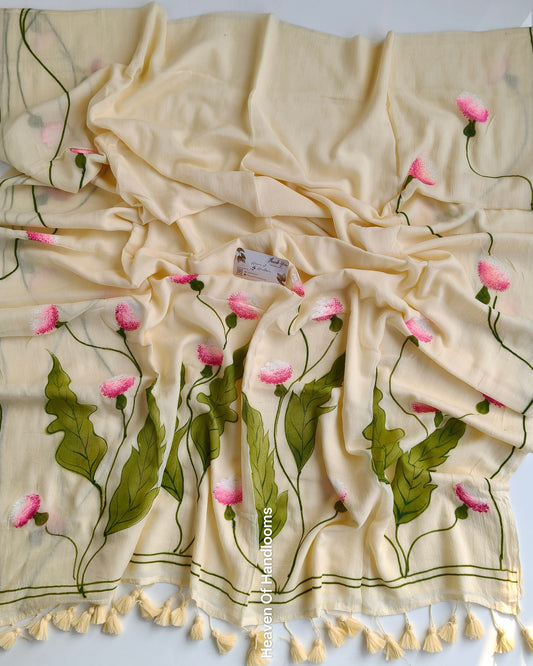 Hand Painted Saree - Cream Thistle
