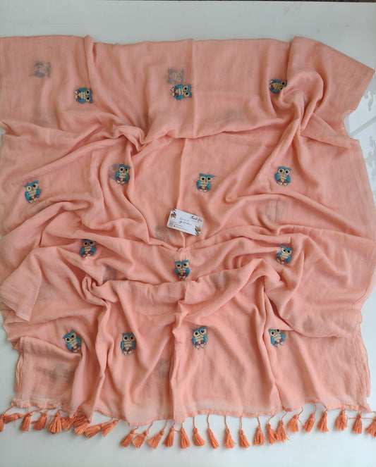Premium Hand Stitch - Peach Kantha Owl