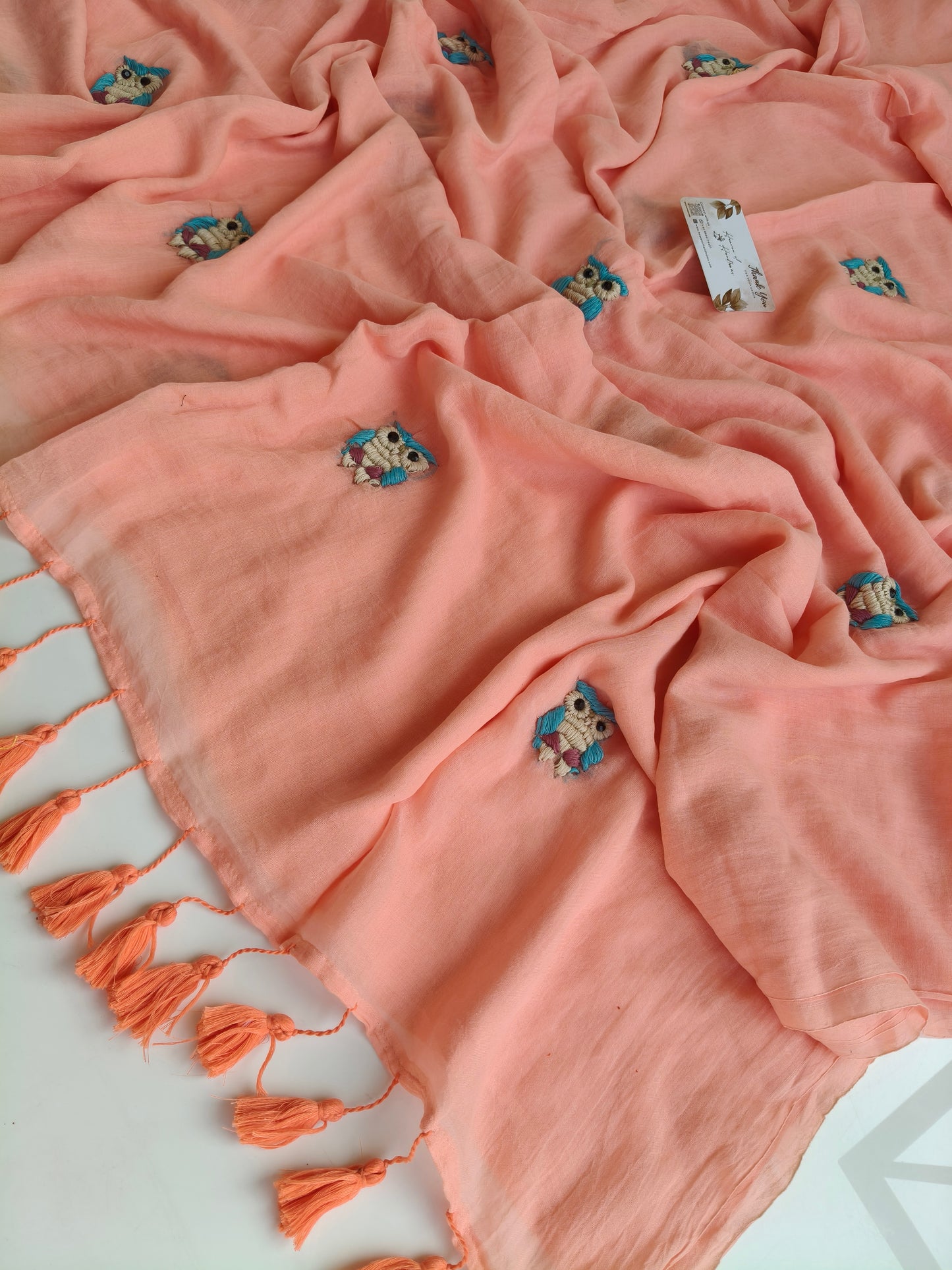Premium Hand Stitch - Peach Kantha Owl