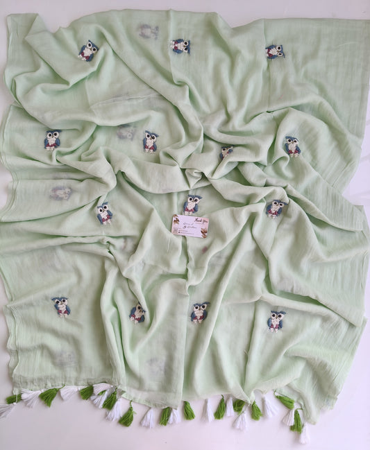 Premium Hand Stitch - Mint Owl Kantha