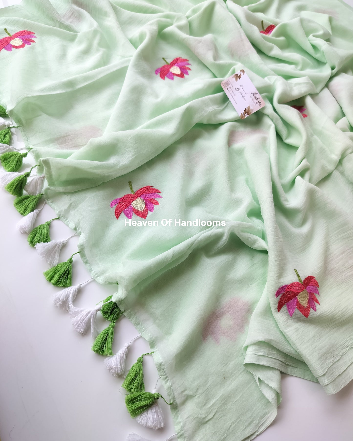 Embroidery Saree - Mint Lotus