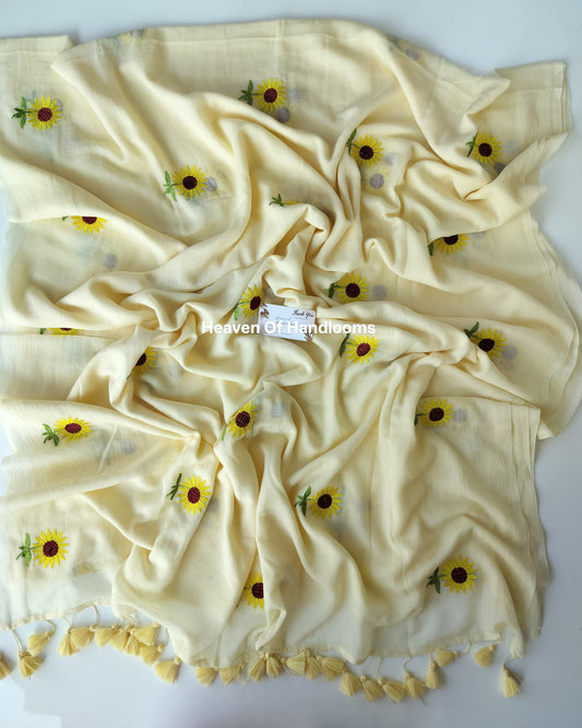 Embroidery Saree - Cream Sunflower