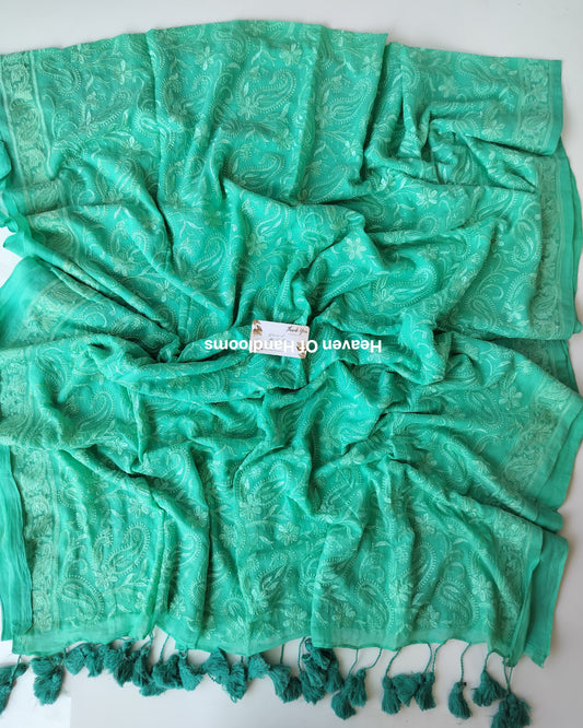 Festive Saree - Sky Chikankari