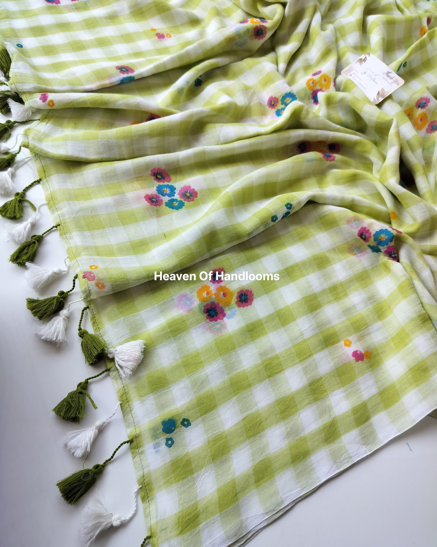 Printed Saree - Green Check Floral Print