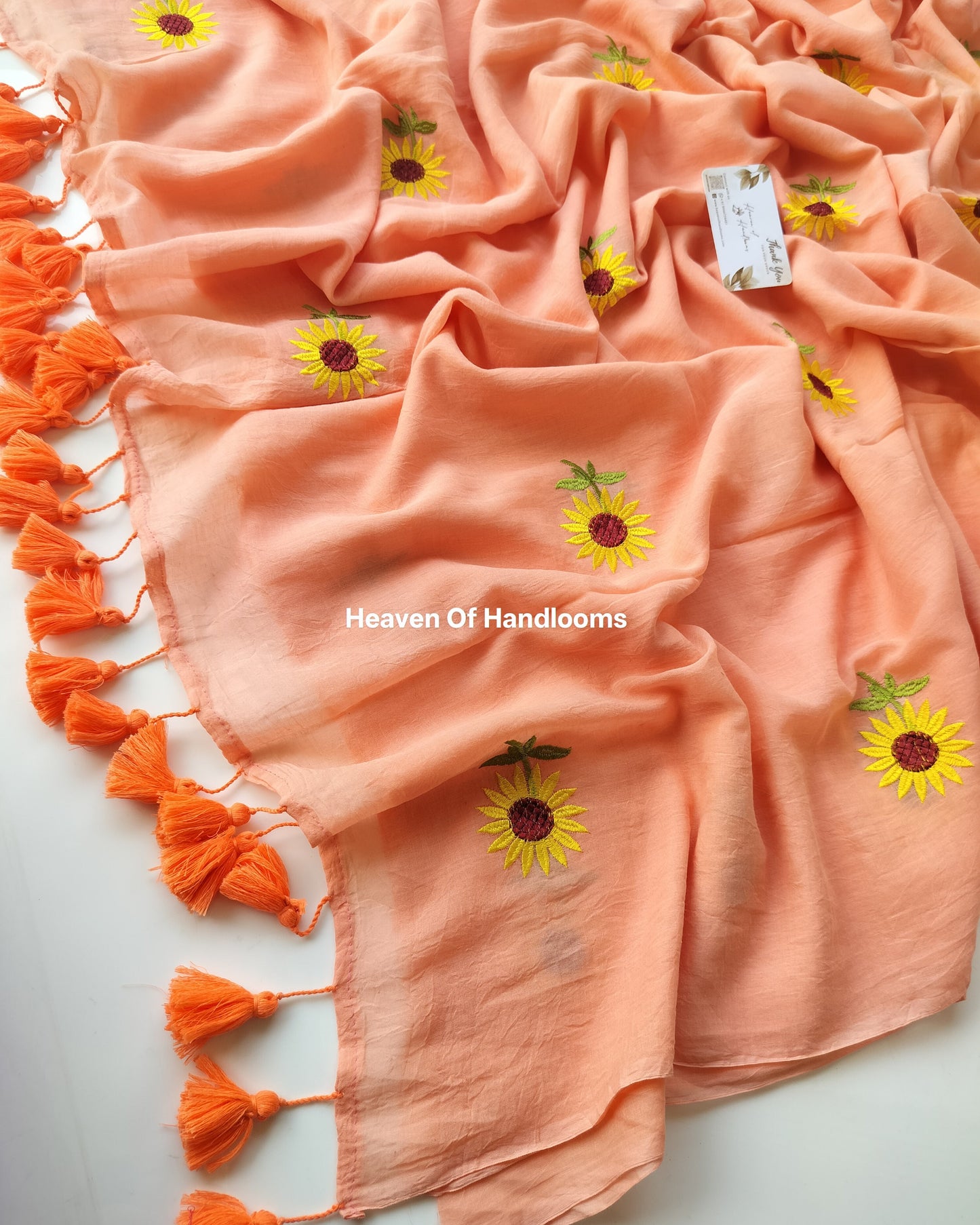 Embroidery Saree - Peach Sunflower