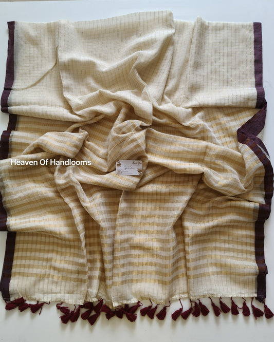 Onam-Vishu Saree -Cream Check Marron Border