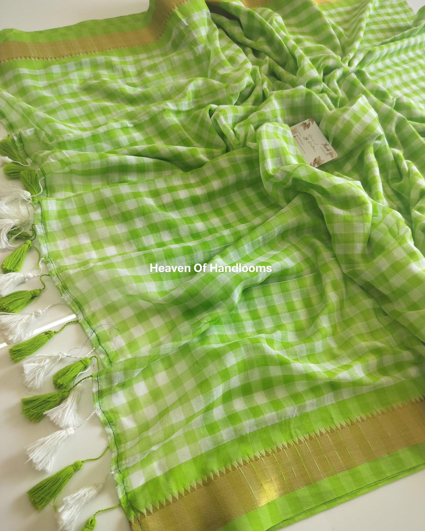 Festive Saree - Green Check Border