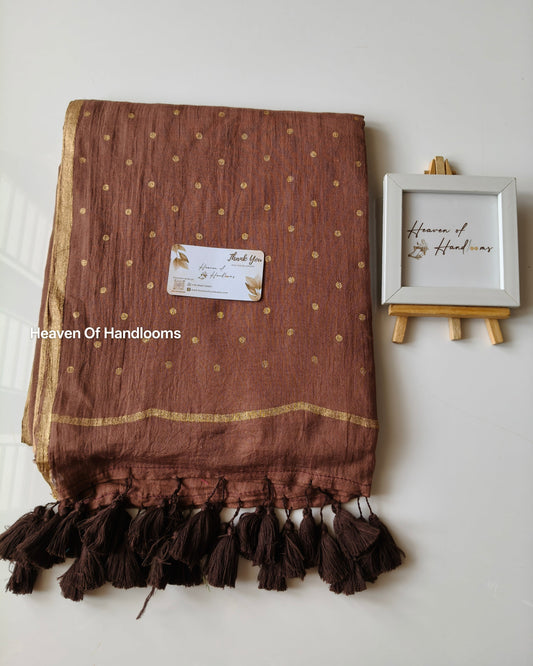 Printed Saree - Light Choco with Golden Polka Dot