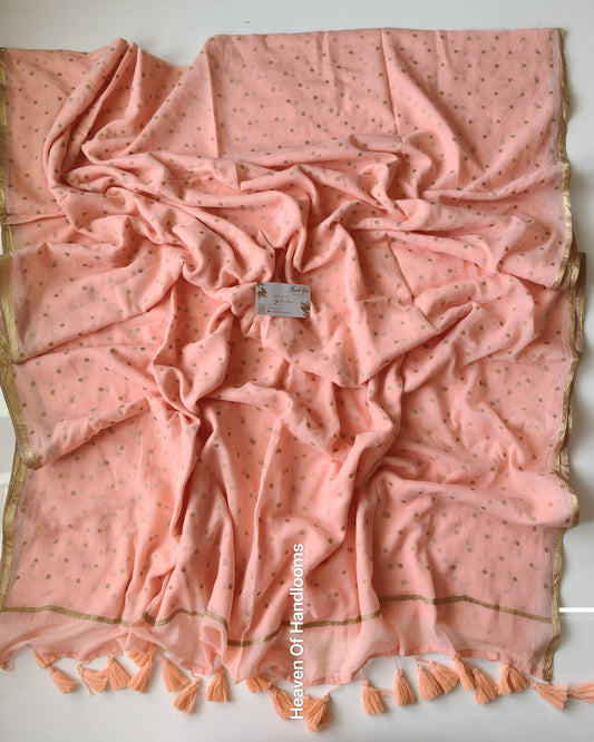 Printed Saree - Pastel Peach with Golden Polka Dot