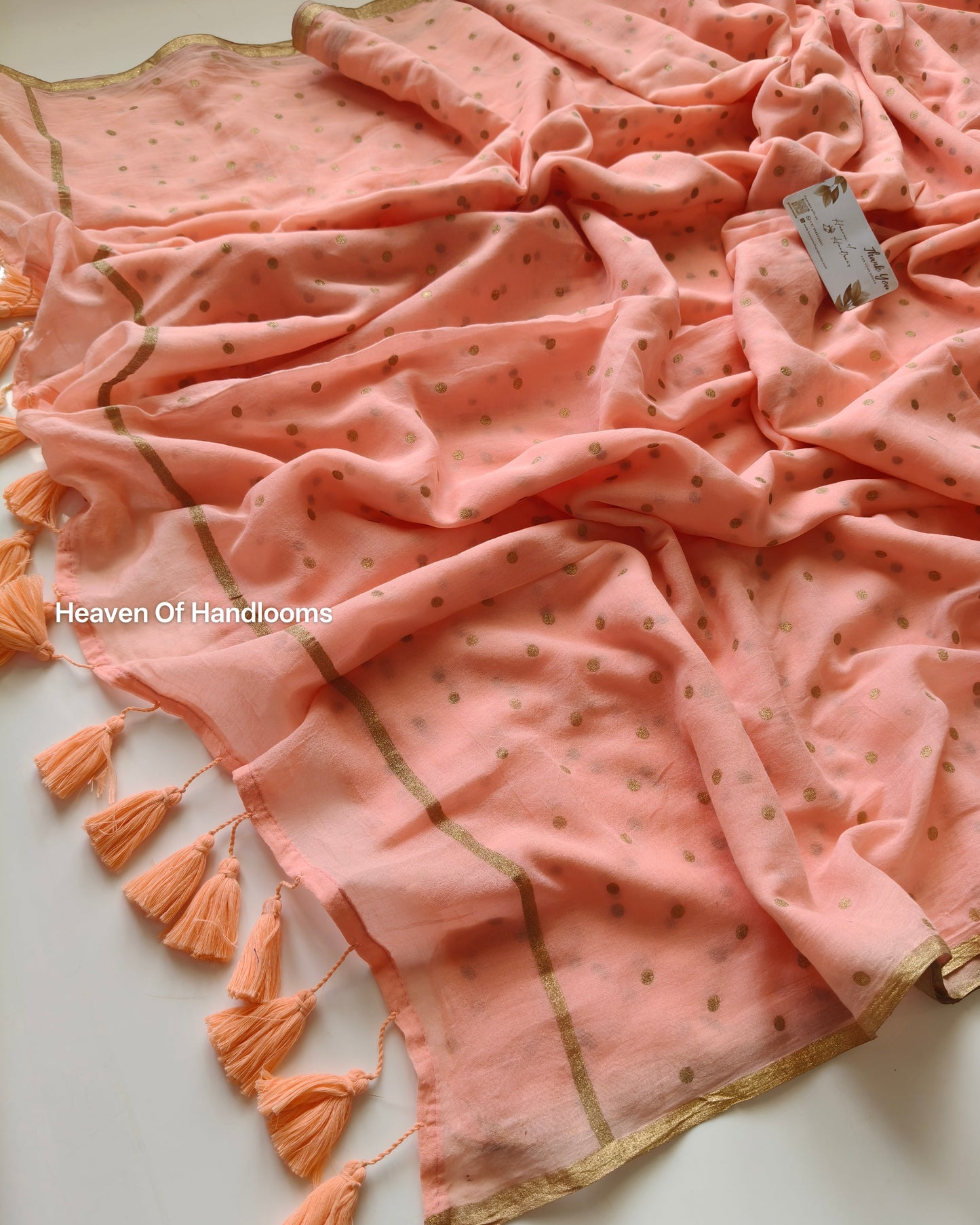 Printed Saree - Pastel Peach with Golden Polka Dot
