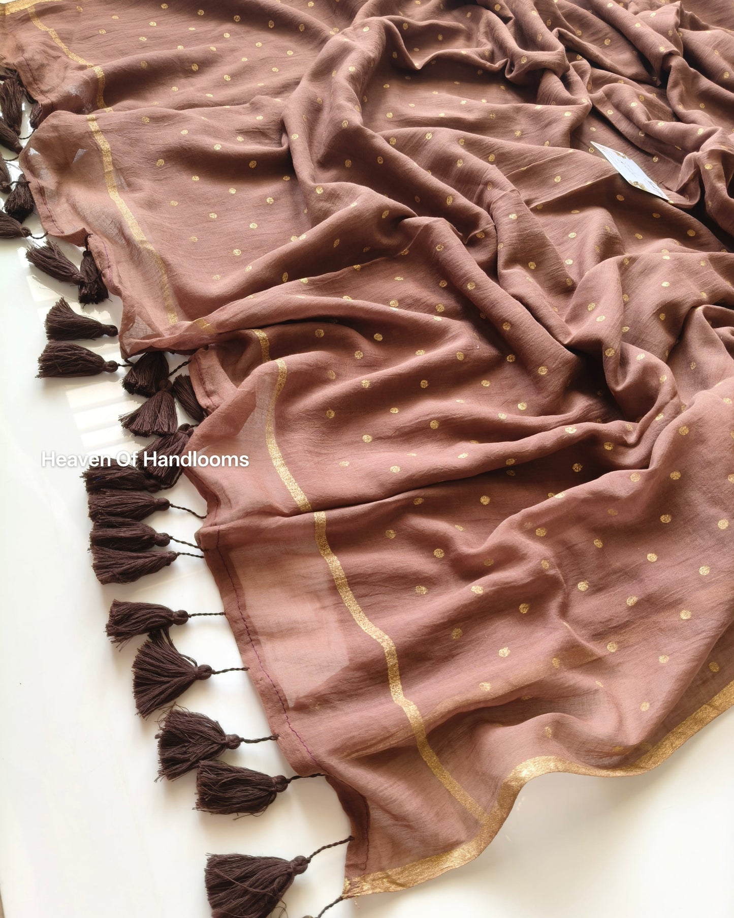 Printed Saree - Light Choco with Golden Polka Dot
