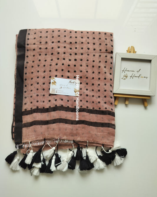 Printed Saree - Cinnamon Polka Dot With BW Tassels