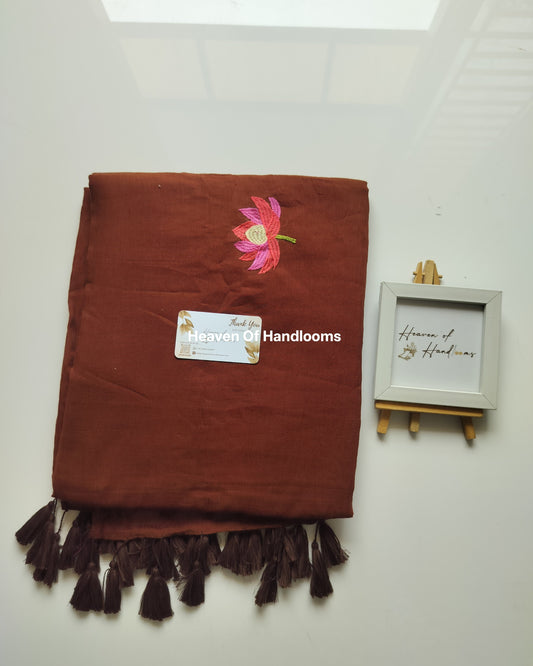 Embroidery Saree - Brown Lotus