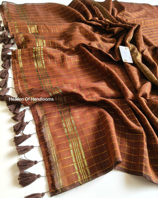 Festive Saree - Choco Golden Zari checked