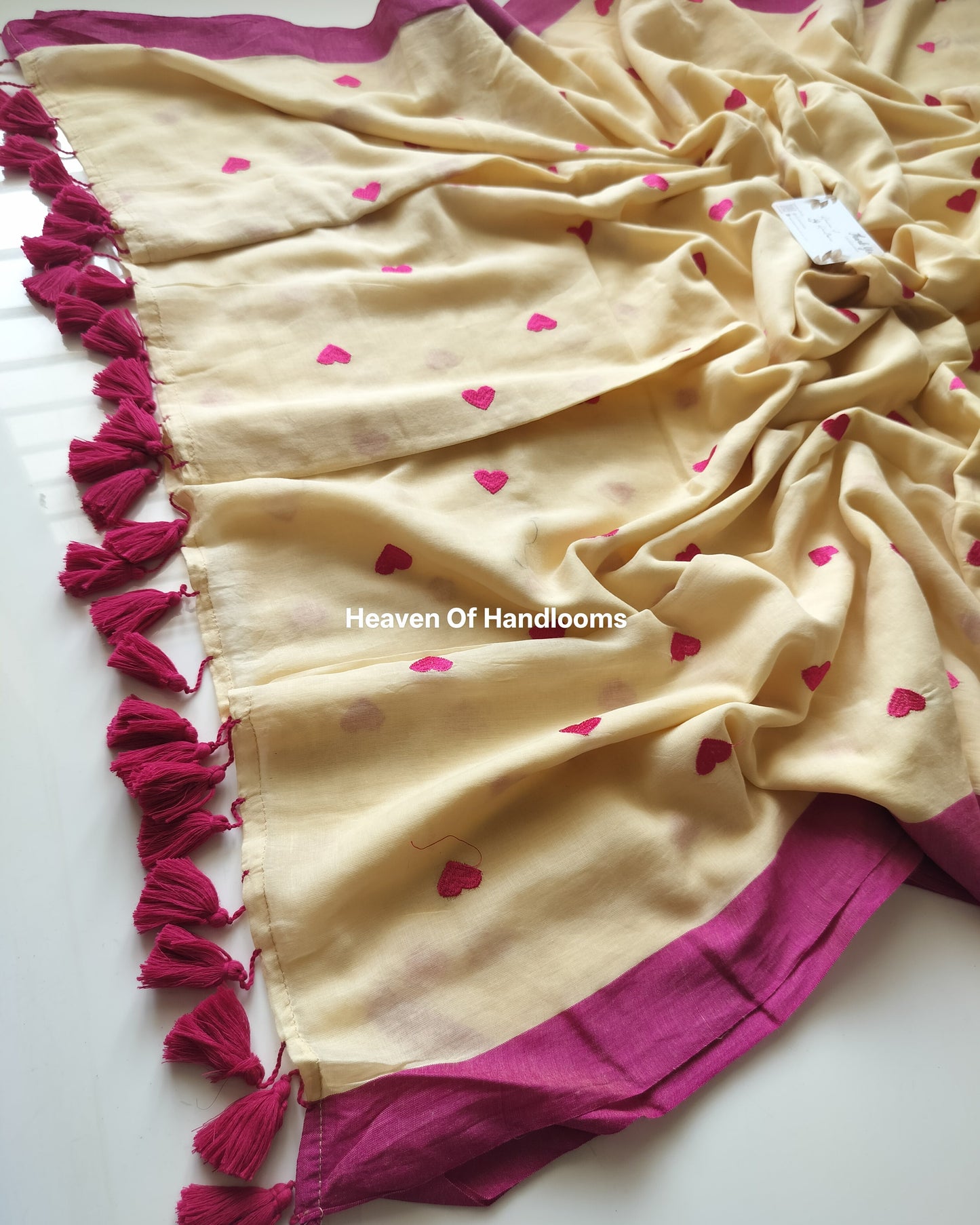 Embroidery Saree -Cream Pink Heart