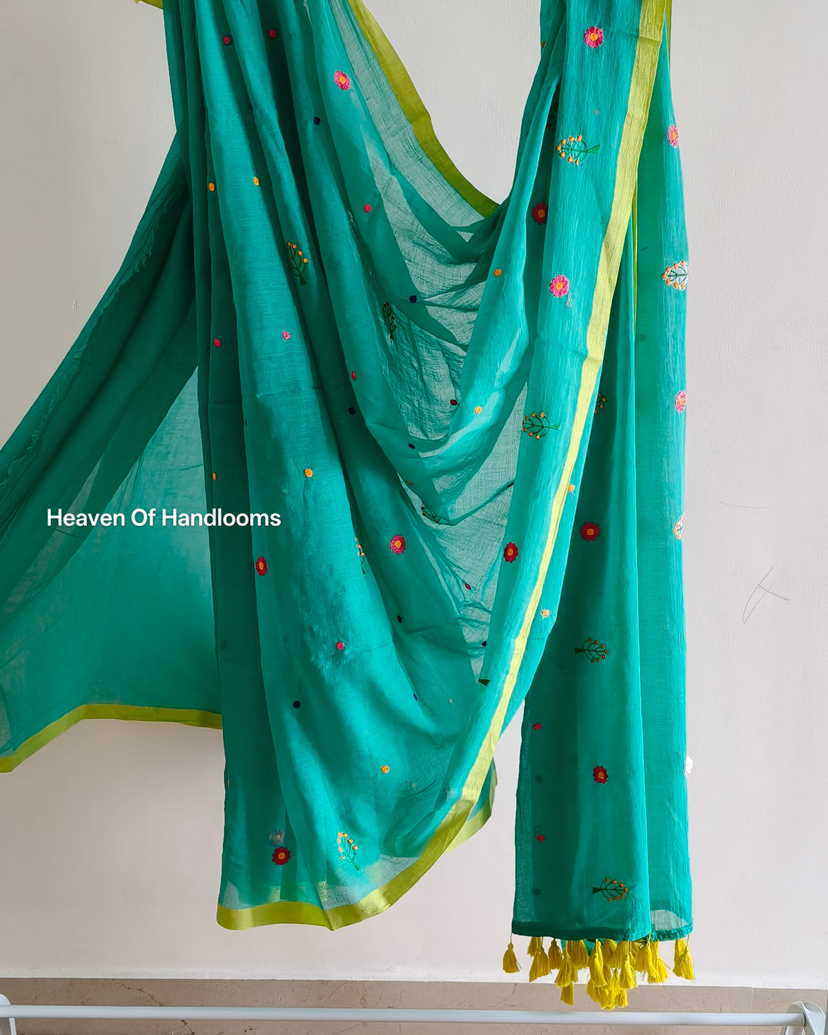 Embroidery Saree - Teal Sprinkle flowers
