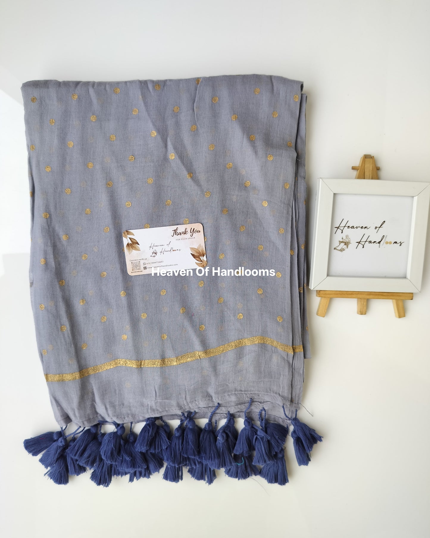 Printed Saree - Ash with Golden Polka Dot