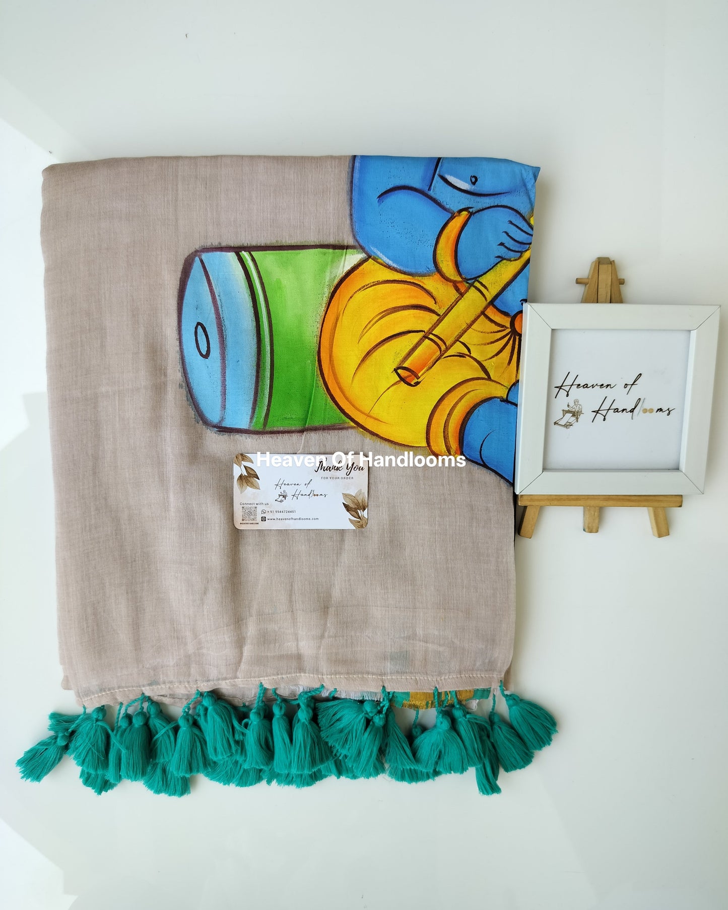 Onam-Vishu Saree - Krishna Hand Paint Teal Border