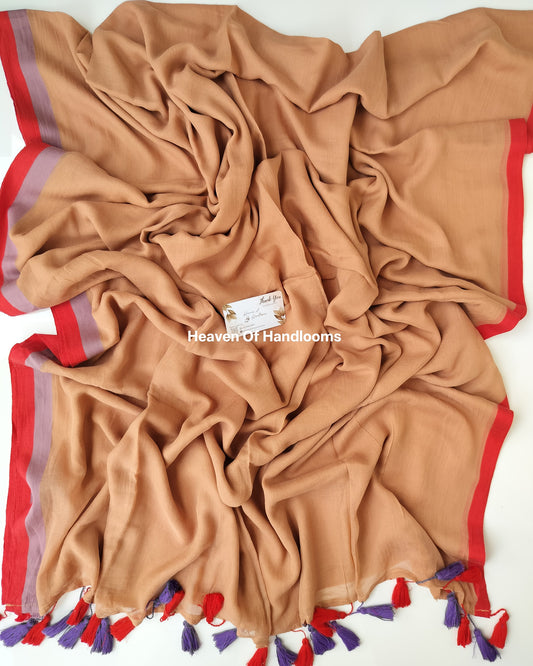 Plain Mul Saree - Light Brown with Red Border