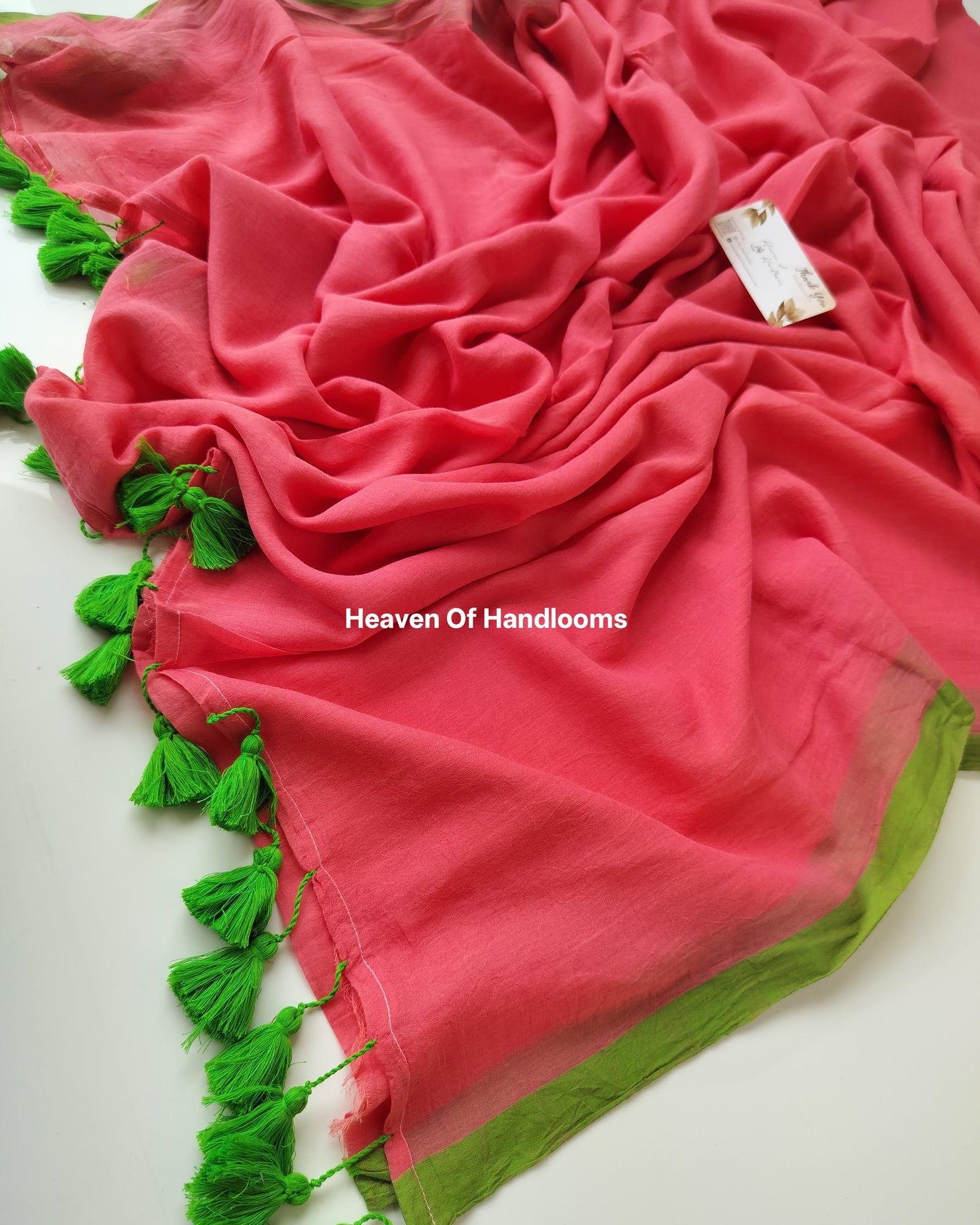 Plain Mul Saree - Red Tint with Green Border